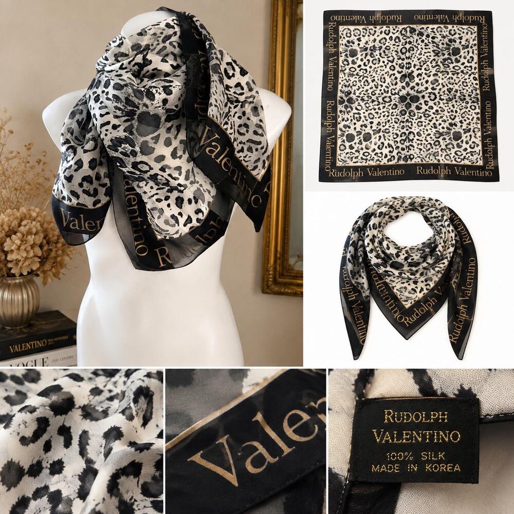 Vintage Rudolph Valentino Silk Leopard Print Scarf 1980s Black Gold Border 35x35 - Picture 3 of 9